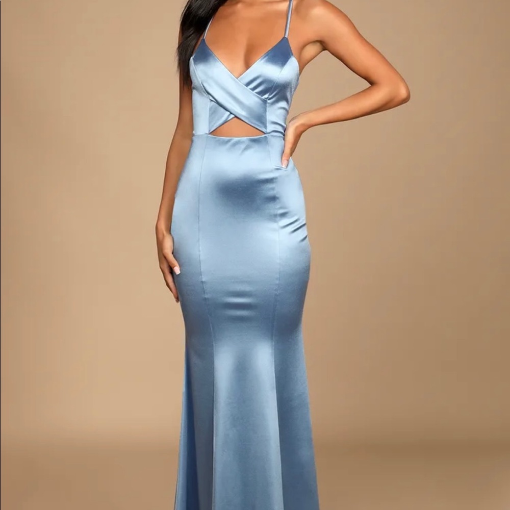 Lulus Destined Love Blue Satin Backless Cutout Mermaid Maxi Dress size L